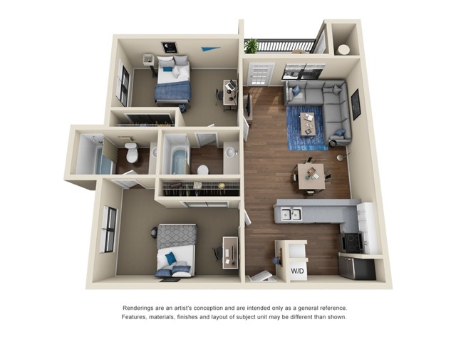 A 3D image of the 2BR/2BA – Elt floorplan, a 860 squarefoot, 2 bed / 2 bath unit